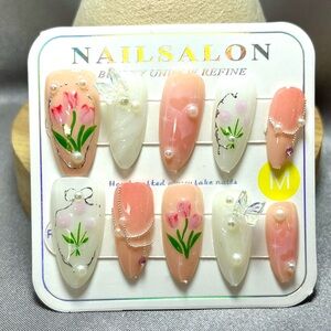 Tulip Press On Nail Art floral 3D butterfly pearl accent reusable handmade 10 pc